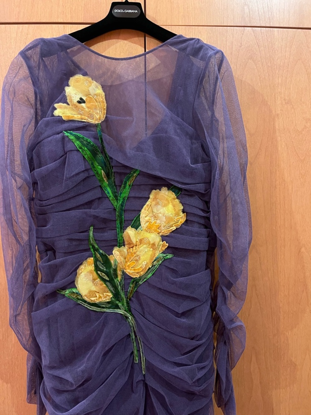 Dolce & Gabbana Purple Sheer Ruched Dress with Yellow Floral Appliqué - Picture 2 of 6